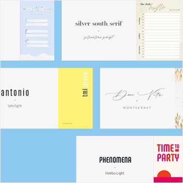 Font pairings, like Antonio + Lato Light and Phenomena + Heebo Light, set against a light blue background.