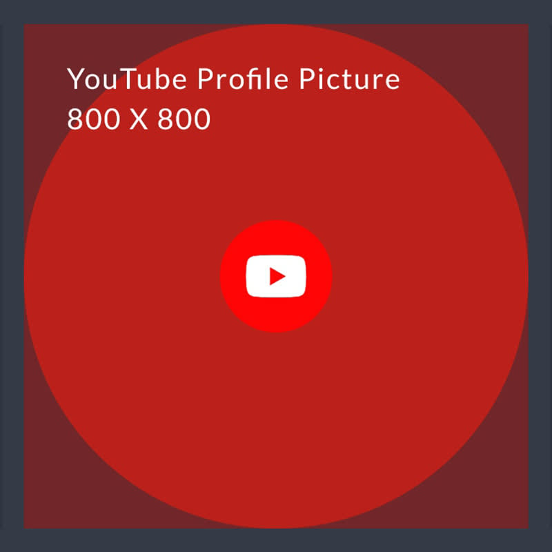 YouTube profile picture size display: 800 x 800 pixels. 