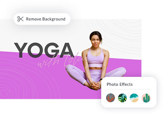 Sampling of PicMonkey Pro tools available for editing photo of woman in yoga pose: Background Remover, color swatches, textures, photo editing options, and more. 