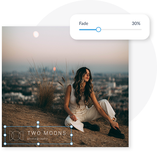 "Two Moons Photography" logo being added to a photo in PicMonkey and adjusted with the Fade slider.