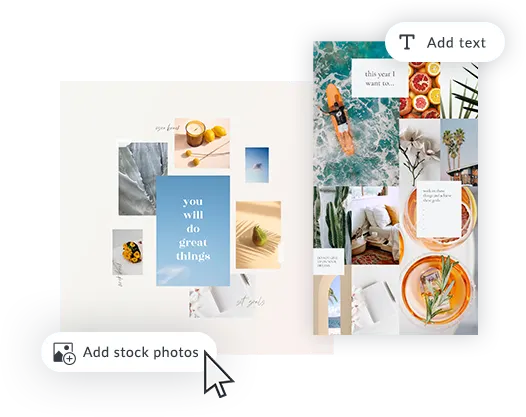 PicMonkey vision board templates, highlighting tools that can be used to customize a design, like adding stock photos or adding text.